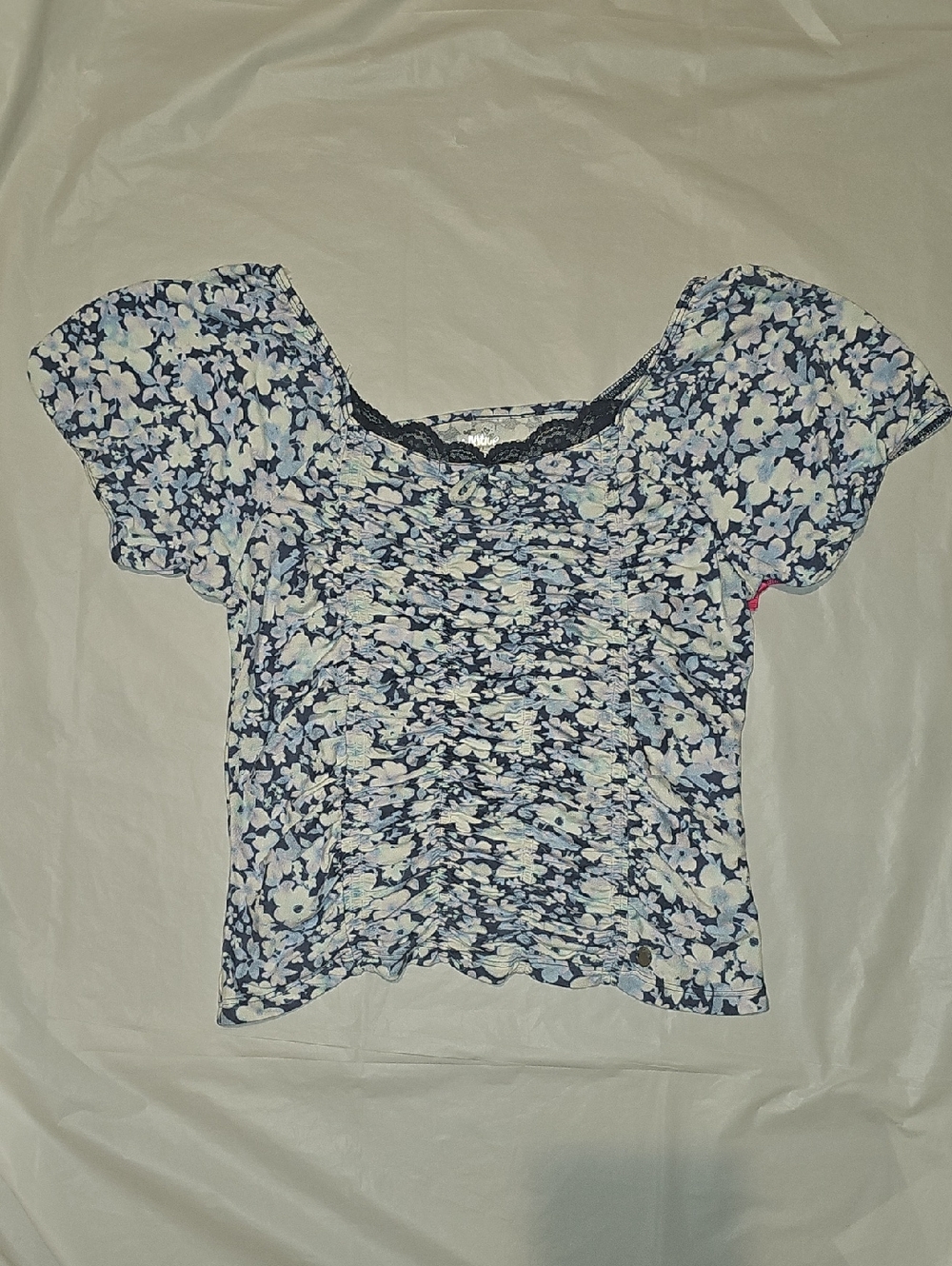 Justice Girls XL 16/18 Navy, White Floral Short Puff Sleeves Ruched Crop Top New
